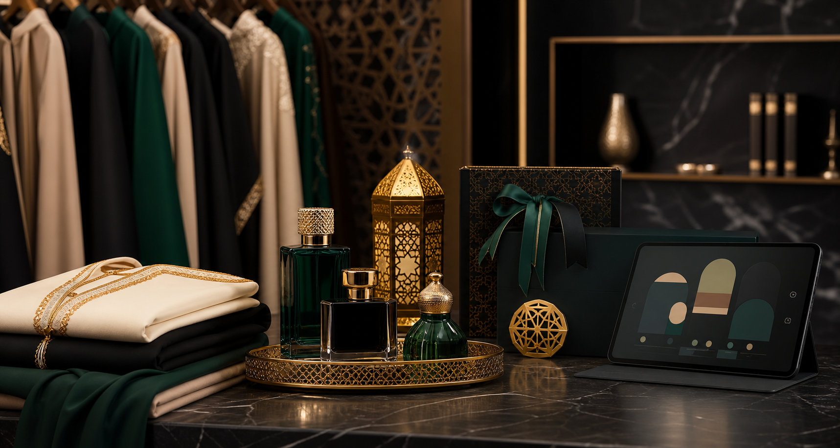 Premium fragrance, modest fashion and Islamic lifestyle products arranged in a refined boutique setting.